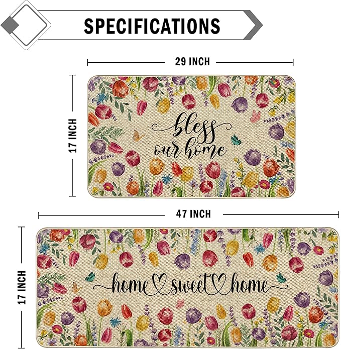 Tulip Lavender Easter Kitchen Mats for Floor Set of 2, Tulip Flower Spring Floor Mats, Non Slip Rubber Backing Kitchen Floor Mat and Rug Set for Kitchen Sink, Office, Laundry