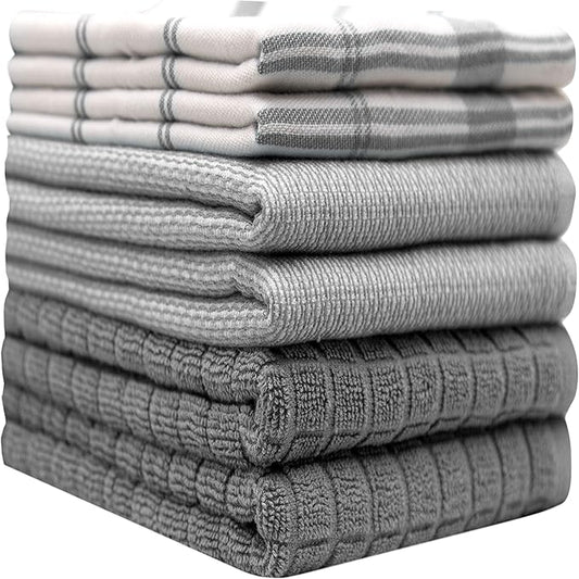 Premium Kitchen Towels (20”x 28”, 6 Pack) | Large Cotton Dish Towels | Flat & Terry Highly Absorbent Kitchen Linen Set with Hanging Loop | Grey Check