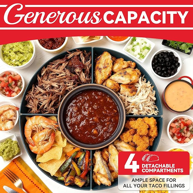 Lazy Susan Taco Bar & Condiment Containers with Lids, 4 Taco Holders for Taco Tuesday Kit, Fondue Pot for Taco Bell Sauce, Burritos, Nachos, and Fajitas, Red