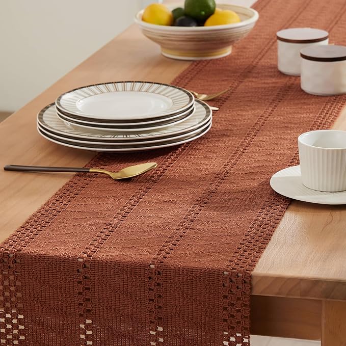 ZeeMart Macrame Style Boho Table Runner, Terracotta Table Runners 108 Inches Long, Farmhouse Woven Home Decor, 12x108 Inch, Terracotta
