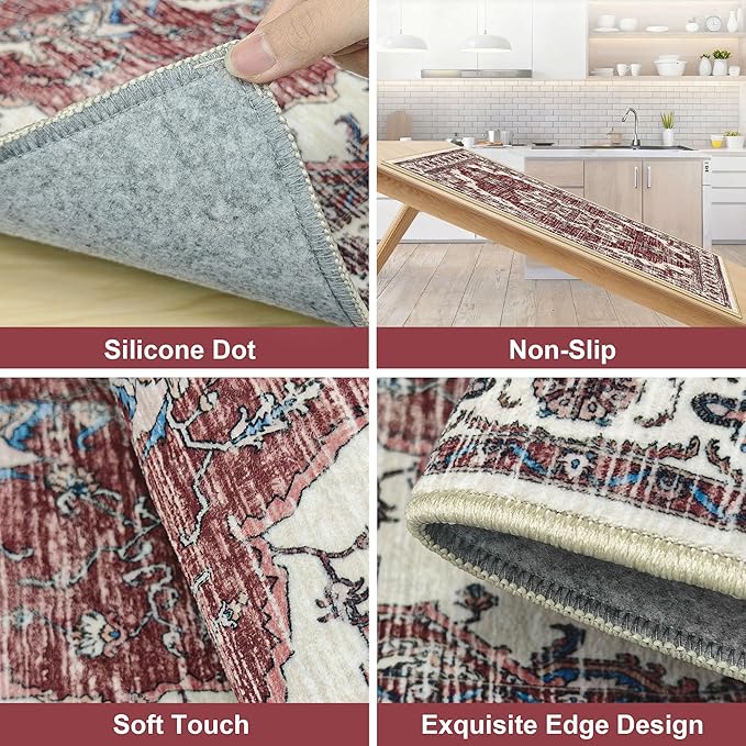 Tritard Non Slip Kitchen Rugs Sets of 3 Washable Kitchen Rug Boho Kitchen Mats for Floor Soft Kitchen Runner Rug Non Skid Kitchen Floor Carpet for Entryway Hallway Laundry Room, Brick Red
