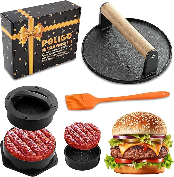 POLIGO Smash Burger Press Kit - 4 in 1 Hamburger Patty Storage Containers,6.69" Round Cast Iron Smash Bacon Press- Non Stick Smash Burger Press Set for Grill and Griddle Cooking