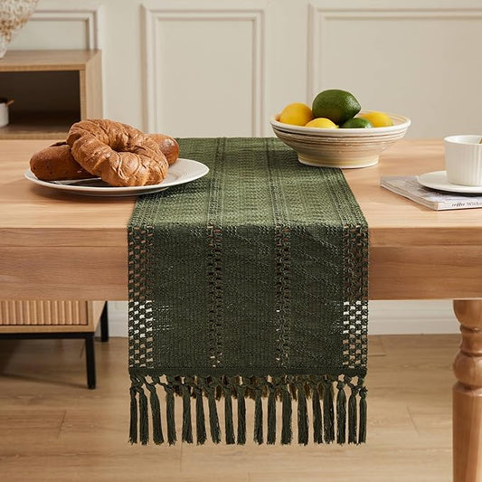 ZeeMart Macrame Style Boho Table Runner, Olive Green Table Runners 108 Inches Long, Farmhouse Woven Home Decor, 12x108 Inch, Olive