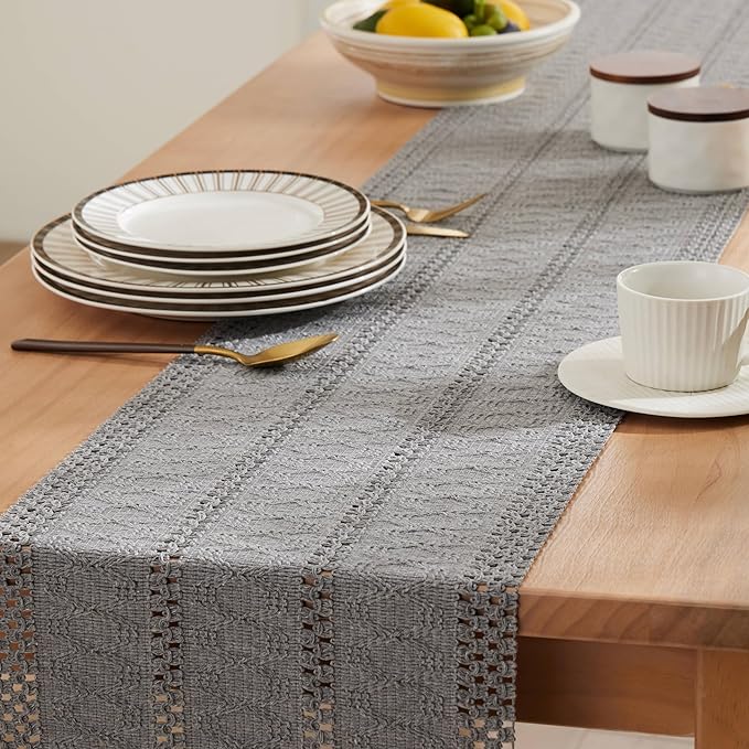 ZeeMart Macrame Style Boho Table Runner, Grey Table Runners 108 Inches Long, Farmhouse Woven Home Decor, 12x108 Inch, Grey