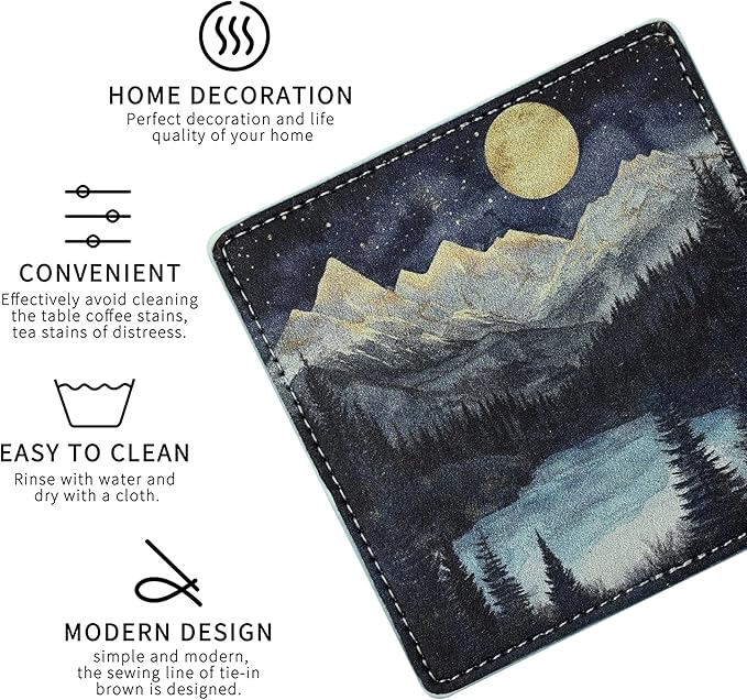 Marble Coasters Square Leather Drinks Coaster Set with Holder for Coffee Table Bar Home Decor 4 Inches Set of 6 (Forest Night, One Size)