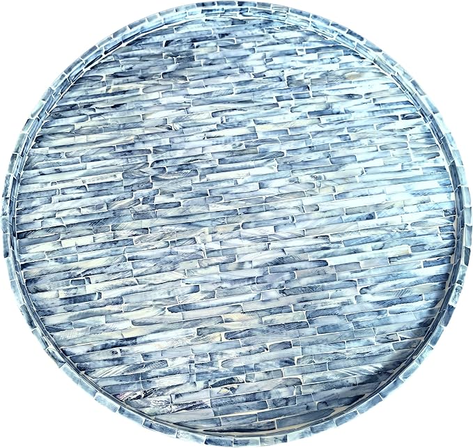 i-lan 17-inch Mother of Pearl Lazy Susan – Blue Brick Pattern Rotating Turntable with Smooth Spin, Large Decorative Tray for Dining Table, Kitchen Cabinet, Countertop & Holiday Gifting