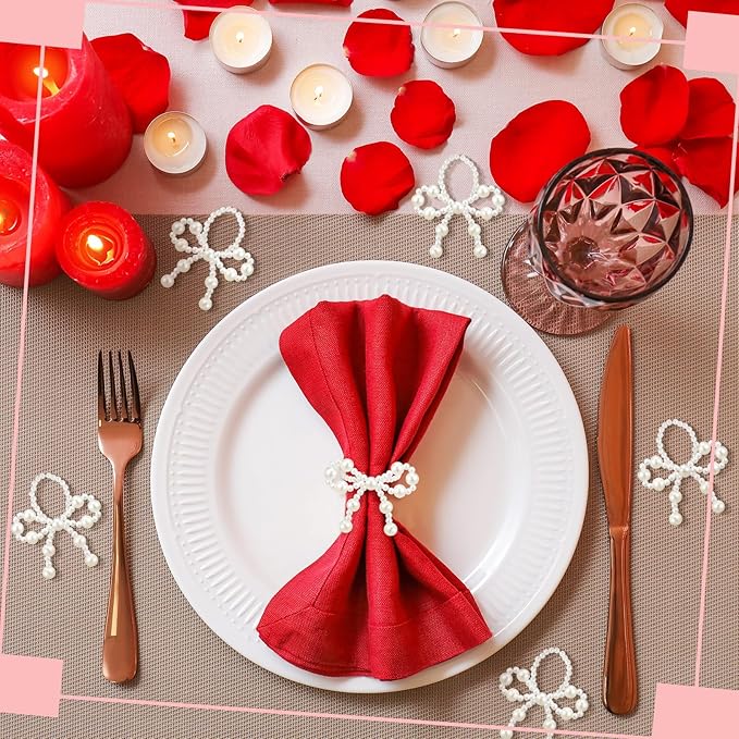 12 Pcs Pearl Bow Napkin Rings Imitation Bow Pearl Ring Napkin Holder Delicate Beaded Serviette Buckles for Christmas Wedding Party Dinner Table Decor and Daily Use