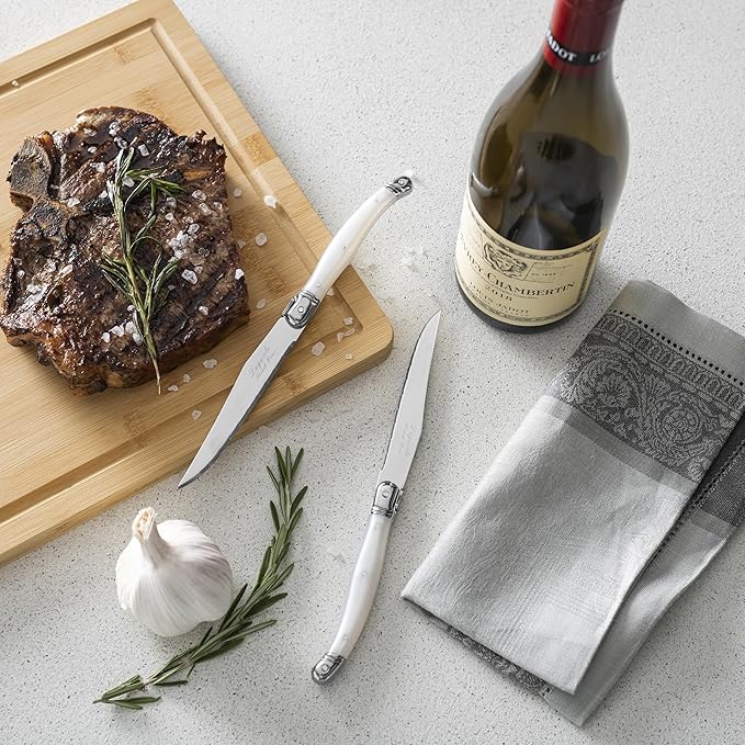 French Home Laguiole Connoisseur 4-Piece Steak Knife Set – Stainless Steel with Pearl White Handles, Etched Detailing & Napoleon Bee Emblem – Serrated Knives for Smooth Cutting (9.25")