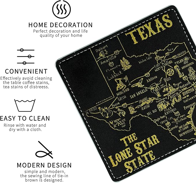 Marble Coasters Square Leather Drinks Coaster Set with Holder for Coffee Table Bar Home Decor 4 Inches Set of 6 (Texas, One Size)