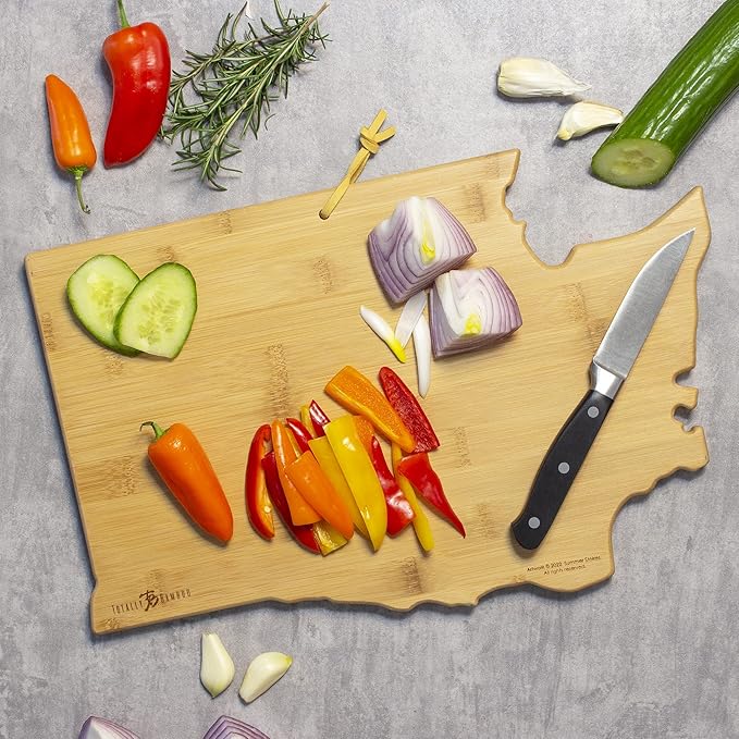 Totally Bamboo Washington State Shaped Cutting Board and Charcuterie Serving Platter with Artwork by Summer Stokes, Includes Hang Tie for Wall Display Varies