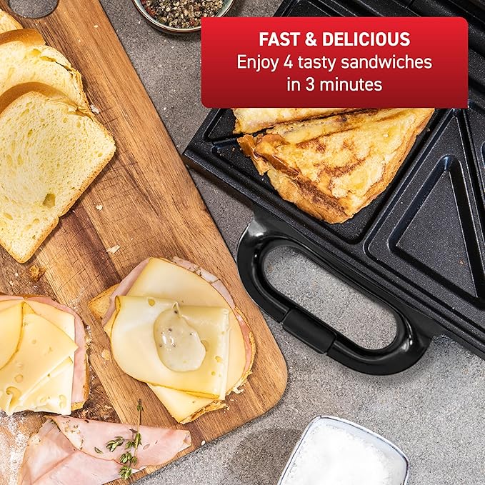 T-fal Compact Sandwich Maker, Stainless Steel, Easy to Clean, Indicator Lights, Cool Touch Handle, Grilled Cheese, Panini, 625 Watts, Black