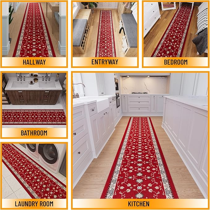 Ottomanson 2-Piece Kitchen Rug Set - Non Slip Runner & Washable Mat - 1'11" x 4' + 1'11"' x 5' - Durable, Stain Resistant for Entryway, Bedroom and Bathroom, Mahal Red