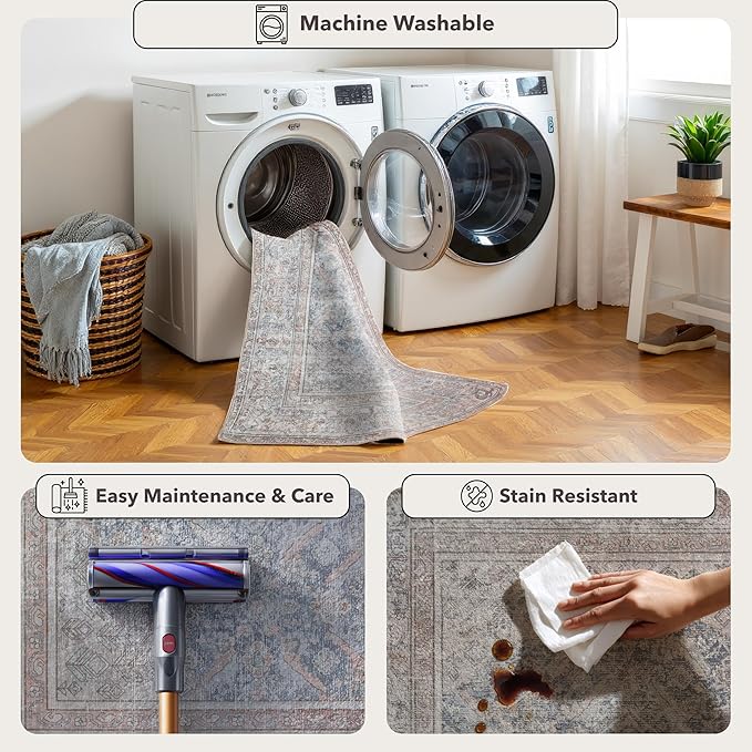 Kuden 3x5 Small Rug, Machine Washable, Non-Slip Backing, Vintage Style, Soft, Low Pile, Area Rugs for Entryway Kitchen Indoor Entrance