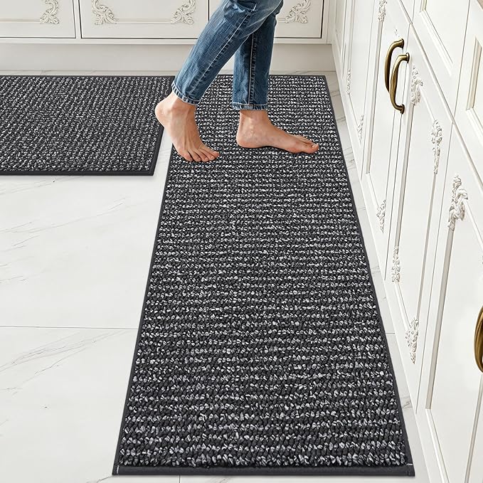 JSEI Kitchen Rugs and Mats, 2PCS Non-Slip Kitchen Mats for Floor, Machine Washable Absorbent and Stain Resistant Kitchen Runner, Carpet Mats with TPR Backing, 17''x30''+17''x60'', Charcoal