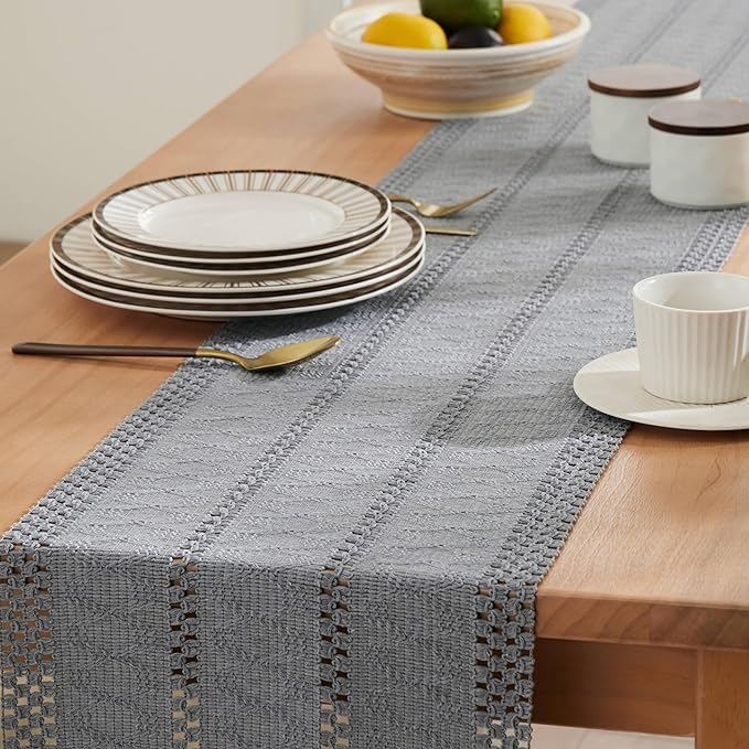 ZeeMart Macrame Style Boho Table Runner, Blue Grey Table Runners 60 Inches Long, Farmhouse Woven Home Decor, 12x60 Inch, Light Blue Grey