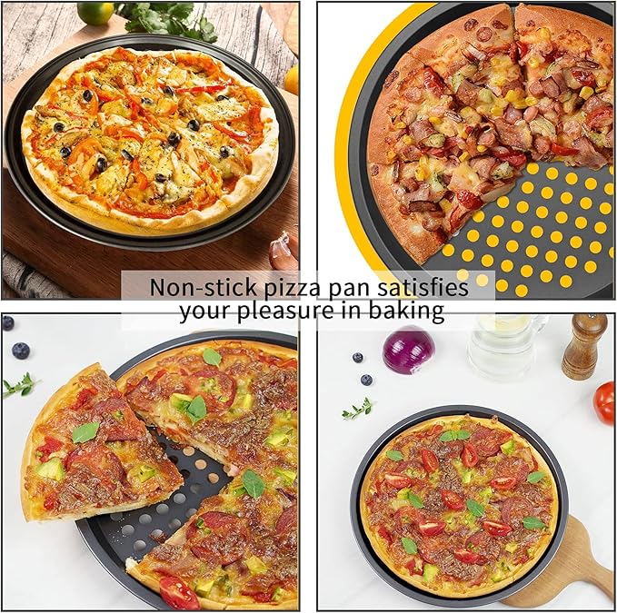 InBlossoms 12.6 inch Pizza Pan With Holes, Carbon Steel Perforated Non-Stick Bakeware for Home Kitchen Oven, 2 Pack