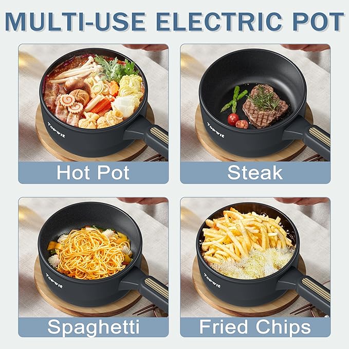 TOPWIT Hot Pot Electric, 2L Electric Pot, Non-Stick Sauté Pan, Portable Cooker for Steak, Egg, Fried Rice, Ramen, Soup with Dual Power Control (Spatula Not Included), Grey