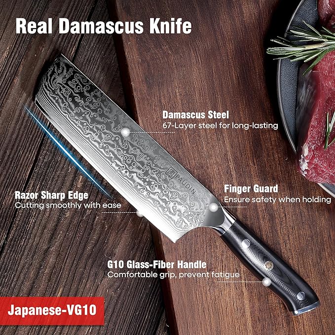 PAUDIN Nakiri Knife 7'', Damascus Chef Knife, Japanese VG-10 Stainless Steel, Kitchen Knife with G10 Full Tang Handle, Razor Sharp 67-Layer Forged Blade