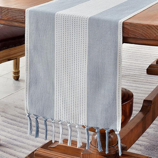 Wracra Linen Table Runner, Farmhouse Macrame Table Runners 48 Inches Long for Dining Table Decor, Wedding, Party and Dresser Decor (Blue,48")