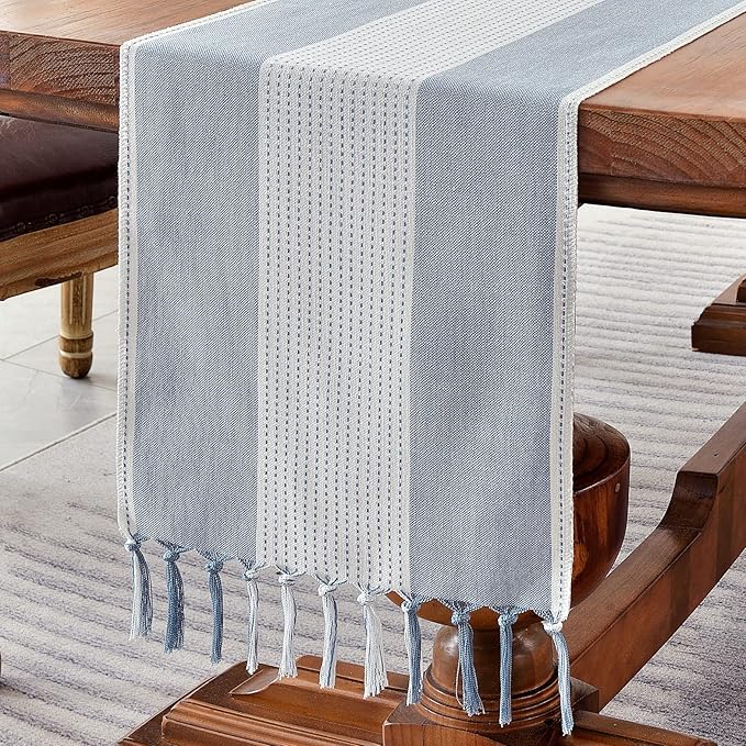 Wracra Linen Table Runner, Farmhouse Macrame Table Runners 60 Inches Long for Dining Table Decor, Wedding, Party and Dresser Decor (Blue,60")