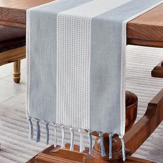 Wracra Linen Table Runner, Farmhouse Macrame Table Runners 72 Inches Long for Dining Table Decor, Wedding, Party and Dresser Decor (Blue,72")