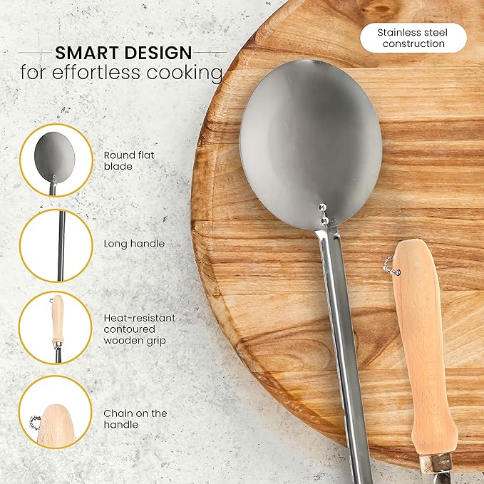 Machika Wooden Handle Skimmer | Wok & Rice Spatula | Stainless Steel | 31 inches