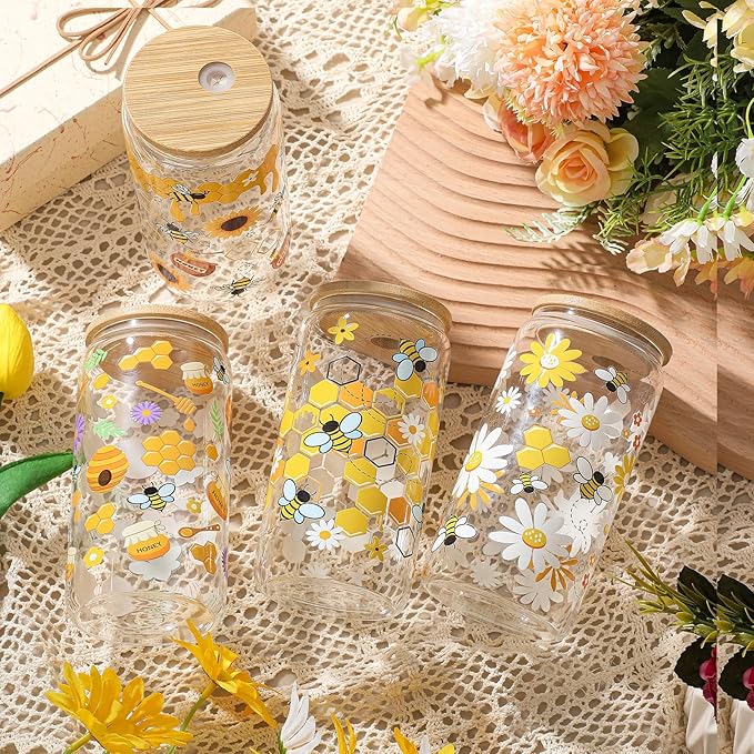 Mumufy 4 Pcs Glass Cup with Bamboo Lid & Straw, 16 oz Iced Coffee Tumbler Set of 4, Honey Bee Floral Glass Cups, Reusable Clear Drinking Glasses for Iced Coffee, Tea, Smoothies, Gift for Women