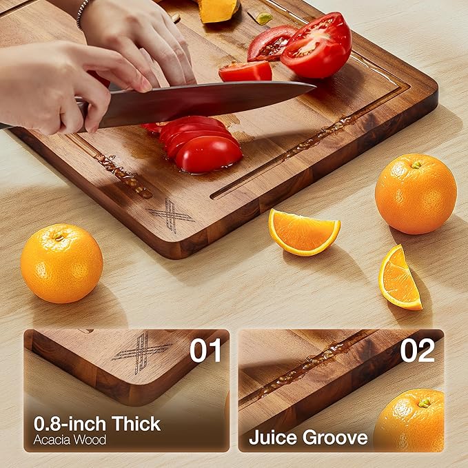 Acacia Wood Cutting Board Set of 3 (16 x 12/14 x 10/12 x 8), Natural - 0.8 in Extra Thick Wooden Chopping Boards with Deep Juice Grooves - Non-Slip, Non-Toxic & Durable Boards for Meat & Vegetables