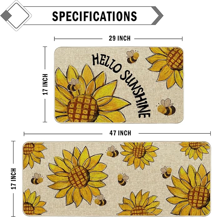 Sunflower Spring Kitchen Mats for Floor Set of 2, Sunshine Flower Summer Floor Mats, Non Slip Rubber Backing Kitchen Floor Mat and Rug Set for Kitchen Sink, Office, Laundry