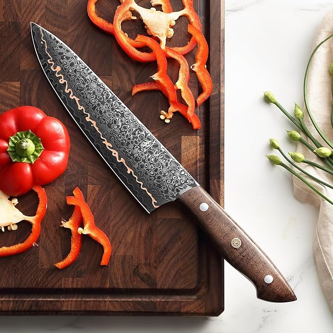 Wakoli Kawa Chef Knife, 7.9-Inch Blade Damascus Knife | 67-Layer Damascus Steel with VG10 Core | Copper Inlay | Maple Stabilized Wood Handle | Professional Kitchen Knife
