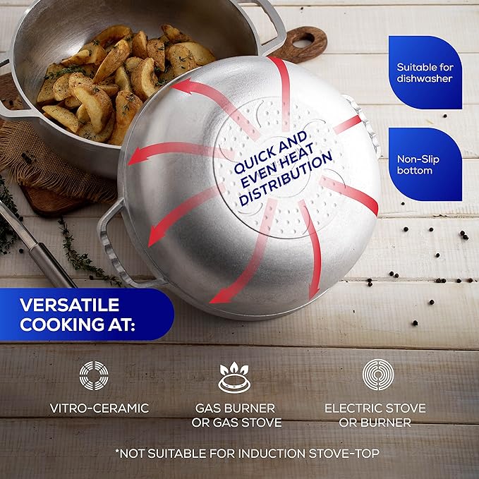 Universal (Small Size) Caldero 7 Cups - 2.4 QT / 2.3 L, Stainless Aluminum Pot, Even Heat Distribution and Fast Cooking Dutch Oven Pot, Ergonomic Handles, Ideal for Rice, French Fries, and More