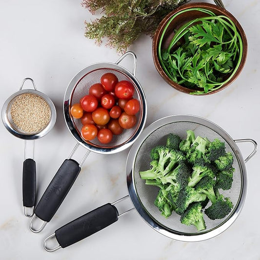 LiveFresh Food Strainer Set - Premium Fine Stainless Steel Fine Mesh Set of Strainers, Colanders and Sifters Crafted for Quinoa and More with Comfortable Non Slip Handles - Set of 3