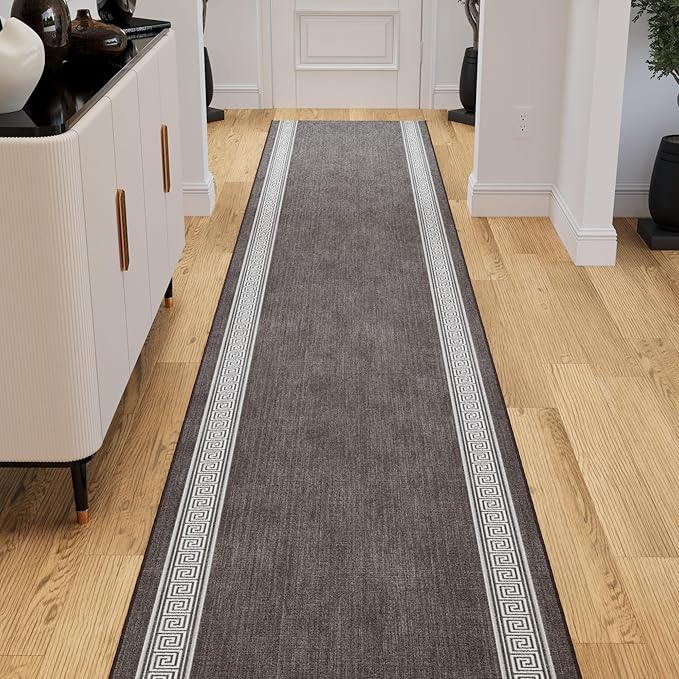 Ottomanson 3-Piece Kitchen Rug Set - Non Slip Runner & Washable Mat - 1'11" x 3' + 1'11" x 4' + 1'11"' x 5' - Durable, Stain Resistant for Entryway, Bedroom and Bathroom, Greek Border Brown