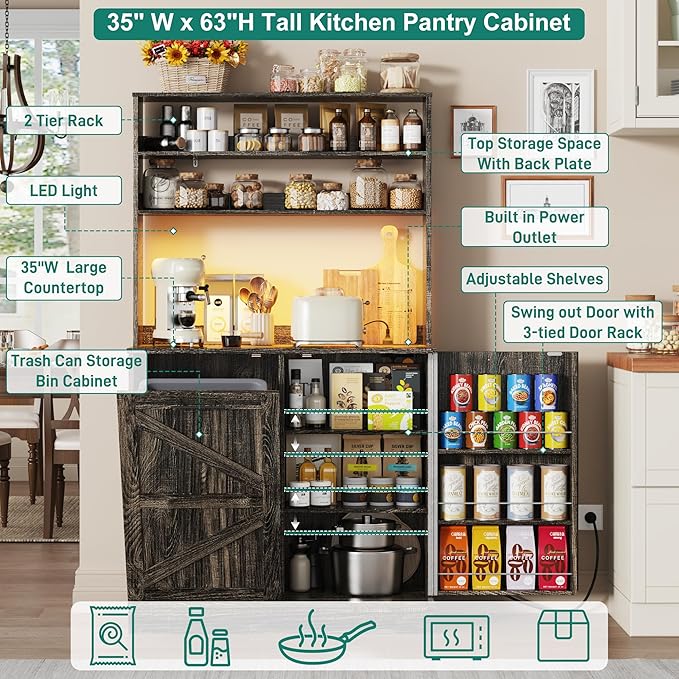 63" H Pantry Cabinets with 10 Gallon Trash Can,Led Light,Outlet,35" W Kitchen Hutch with Tilt Out Trash Can Cabinet,Farmhouse Cupboard with Large Countertop for Living Room, Dining Room