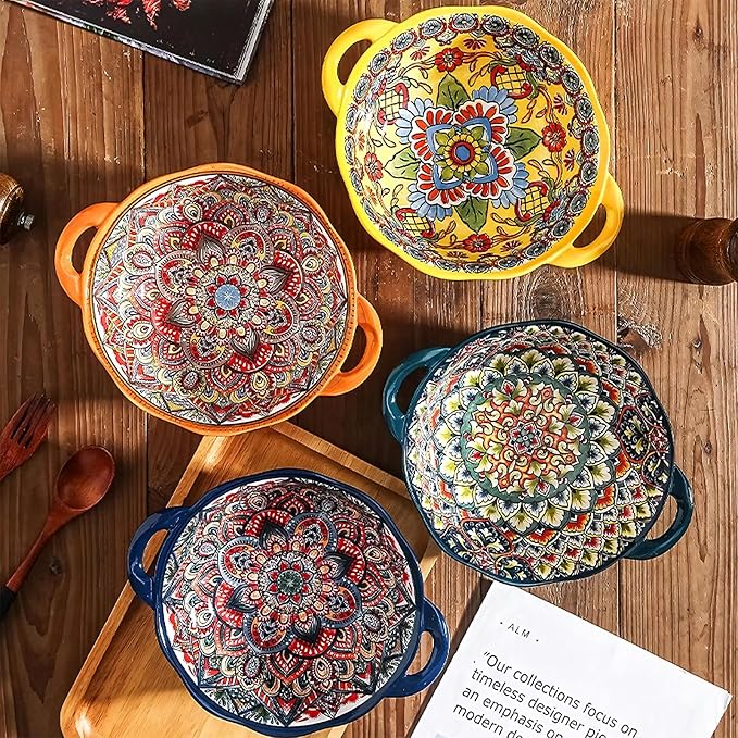 2 Pack Boho Ceramic Serving Bowls with Handles, 40 Oz Porcelain Salad Bowls, Large Serving Dishes for Entertaining, Mixing Bowls for Soup, Stew, Pasta, Cereal, Colorful Embossed Cute Bowls Set BLDS