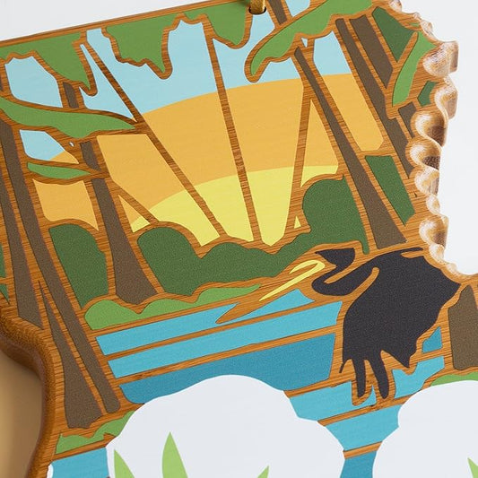 Totally Bamboo Louisiana State Shaped Cutting Board and Charcuterie Serving Platter with Artwork by Summer Stokes, Includes Hang Tie for Wall Display
