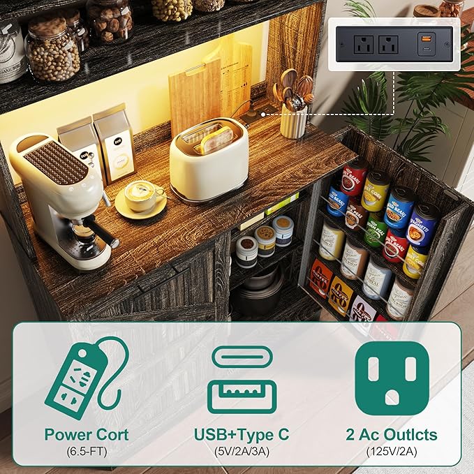 63" H Pantry Cabinets with 10 Gallon Trash Can,Led Light,Outlet,35" W Kitchen Hutch with Tilt Out Trash Can Cabinet,Farmhouse Cupboard with Large Countertop for Living Room, Dining Room