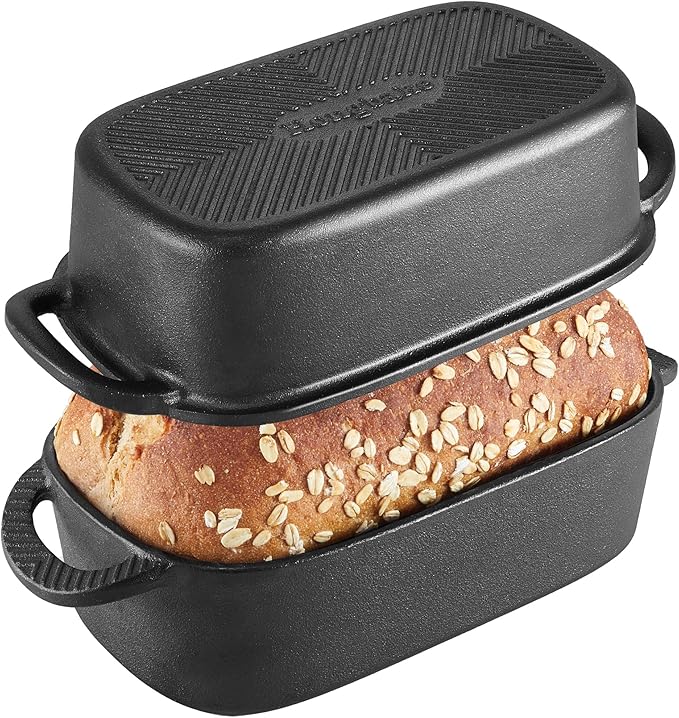 HONGBAKE Everline Collection 2 in 1 Cast Iron Loaf Pan with Lid, 9x5 Bread Pans for Homemade Bread, Pre-Seasoned Nonstick Sourdough Baking Pan, Even Heating Loaf Dutch Oven, Banana Bread Tins