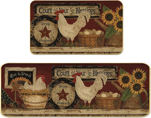 Farmhouse Decorative Kitchen Rugs and Mats Set of 2, Farm Rooster Non-Slip Kitchen Mats,Seasonal Holiday Party Sets Washable Low-Profile Floor Mats - 17x29 and 17x47 Inch