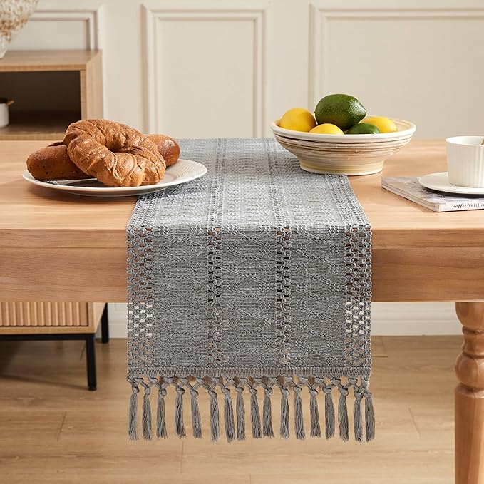 ZeeMart Macrame Style Boho Table Runner, Grey Table Runners 108 Inches Long, Farmhouse Woven Home Decor, 12x108 Inch, Grey