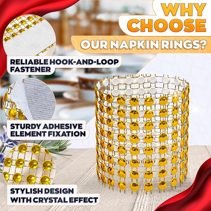 Set of 100 Gold Napkin Rings – Rhinestone Napkin Ring Holders for Weddings, Parties, Fall Events & Table Decorations for Dinner Parties | Durable & Reusable, Great as Elegant Kitchen Gifts for Hosts