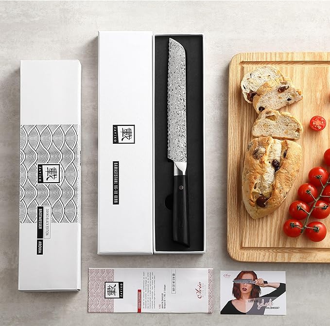 zayiko Black Edition Bread knife 8-inch blade extremely sharp from 67 layers I Damascus kitchen knives and professional chef's knives made of genuine Japanese Damascus with Pakka wood