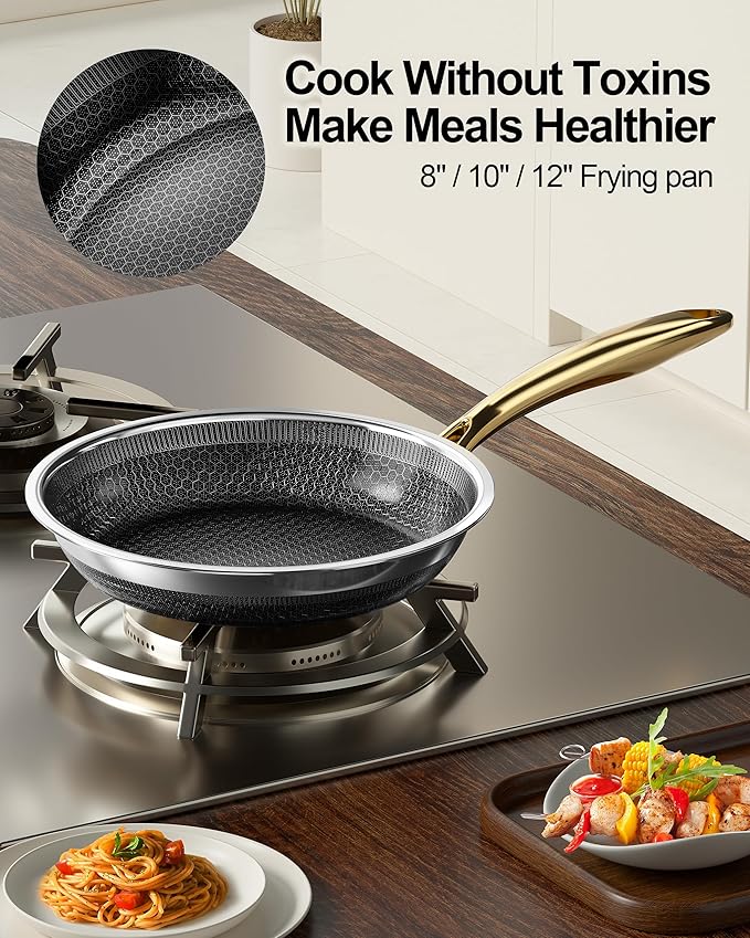 Fogdream 8"10"12" Non Stick Frying Pans Set, Stainless Steel Skillet with Lid, Tri-Ply Stainless Steel for All Cooktops, Dishwasher and Oven-Safe Cooking Pan, Stay-Cool Handle, Gold