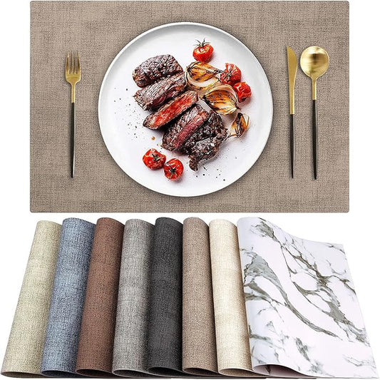 Leather Heat Resistant Placemats Set of 6 Waterproof Wipeable Washable PU Table Mats,Easy to Clean Anti-Slip Place Mats (Light Brown, 6)