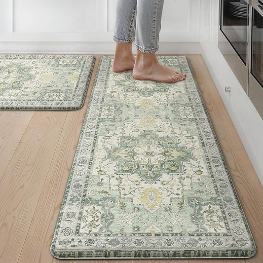 GENIMO Kitchen Mats for Floor 2PCs, Washable Anti Fatigue Mat for Cushioned, 17.3"x47"+17.3"x30", Waterproof Kitchen Rugs, Non Slip Comfort Standing Mat Rug for Home, Sink, Laundry, Light Green