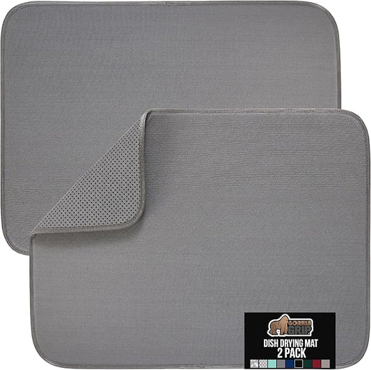 GORILLA GRIP Ultra Water Absorbent Microfiber Dish Drying Mat, 18x24, Quick Dry Thick Mesh, Slip Resistant Pad for Sink Dishes or Under Rack, Kitchen Counter Accessories, Machine Wash, 2 Pack Gray