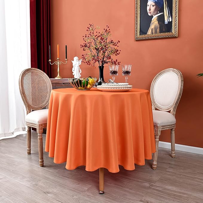 MEANMOY Orange 210 GSM Water & Stain Resistant Round Tablecloth for Circle Table - Solid 48 Inch Table Cloth Cover in Wrinkle Free Durable Washable Polyester Fabric for Wedding, Party, Banquet, Dinner