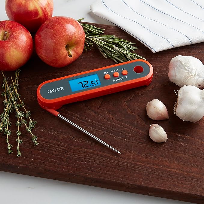 Taylor Digital Waterproof Kitchen Food and Meat Thermometer, with a Folding Probe, Programmable Presets, Backlit Display for Oven, Grilling, Smoker & BBQ - Includes 2 AAA Batteries