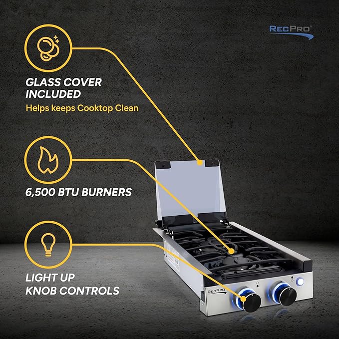 RecPro RV Built In Gas Cooktop | 2 Burner or 3 Burner | RV Cooktop Stove | 6,500 and 8,000 BTU Burners | Cover Included (Stainless Steel, 2-Burner)