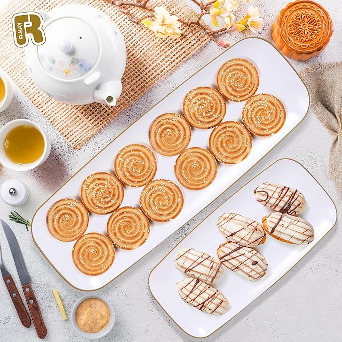 R-kay 4 Pack Gold Rim Plastic Serving Trays - 10 by 5.5 in Heavy Duty Rectangular Platters for Food and Desserts - Premium White Party Trays